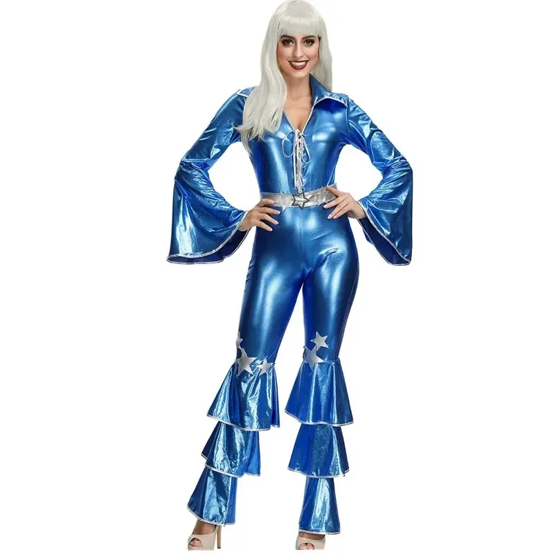 halloween-carnaval-festa-60's-70's-disco-diva-macacao-traje-cerveja-bar-cantor-desempenho-couro-patente-azul-fantasia-vestido-ujfj