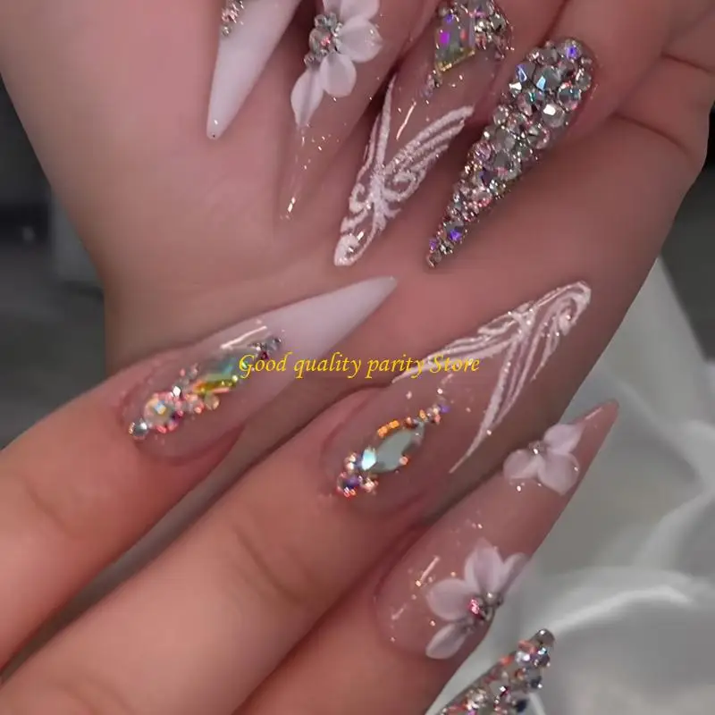 M4YA 24 PCS Long Press on Flores Falsas Reídicas uñas Acrílicas Stilettos cubierta llena cubierta en uña para