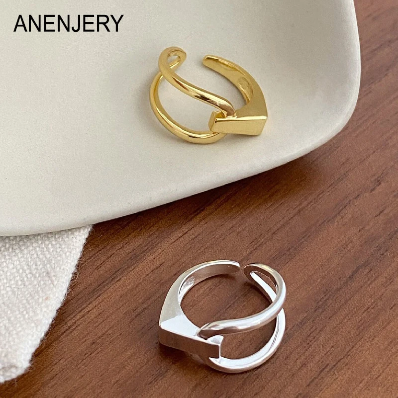 ANENJERY Geometric Smooth Asymmetrical Line Ring for Women French Goden Silver Color Ring All-Matching Accessories anillos bague