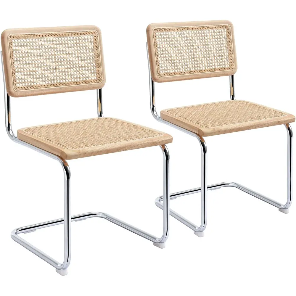 

Natural Cane Mesh Dining Chairs Set of 2, Bohemian Style for Kitchen or Dining Room, Century Cantilever Design, Solid Wood