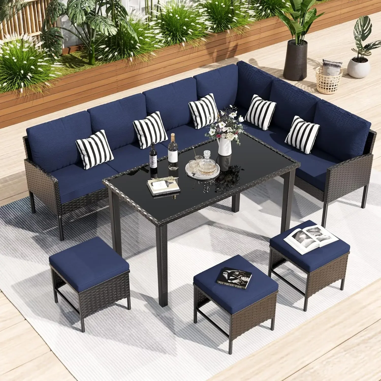 

7 Pieces Patio Dining Sets,Space Saving Wicker Chairs with Glass Table and Ottomans,High Back Patio Furniture Set