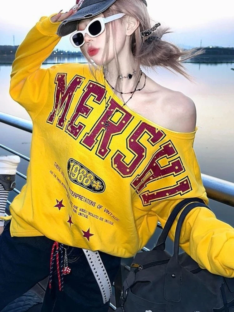 American Vintage Hot Sweet Loose Print Lettera Pullover Felpa con cappuccio anni 2000 Y2k Sottocultura Manica lunga Mezza aperta Colletto Donna T-shirt