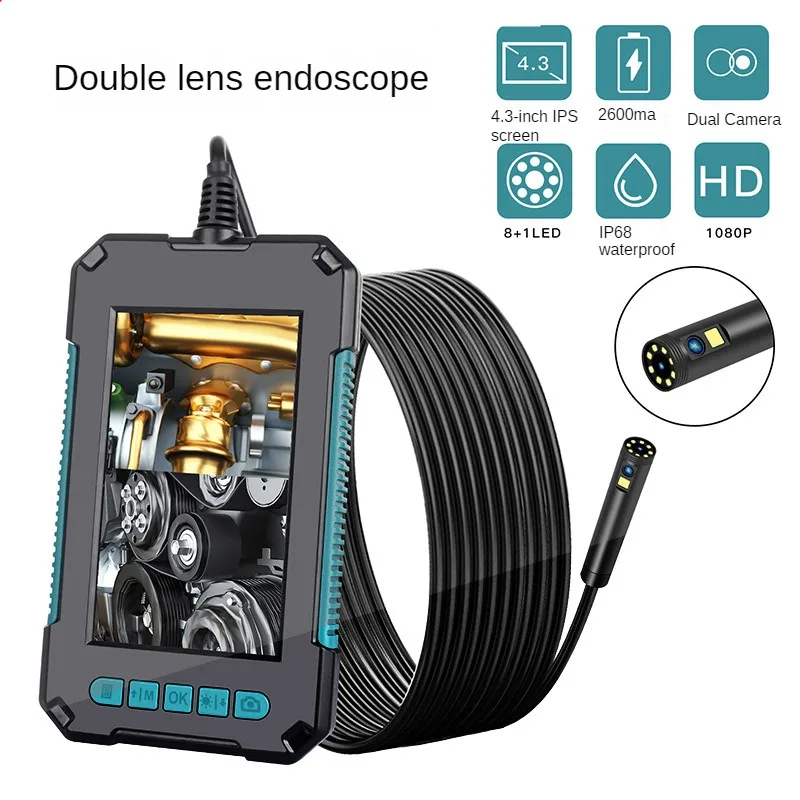 New industrial endoscope 4.3-inch high-definition 8mm dual lens 1080P borescope handheld 8+1 LED waterproof IP68 endoscope