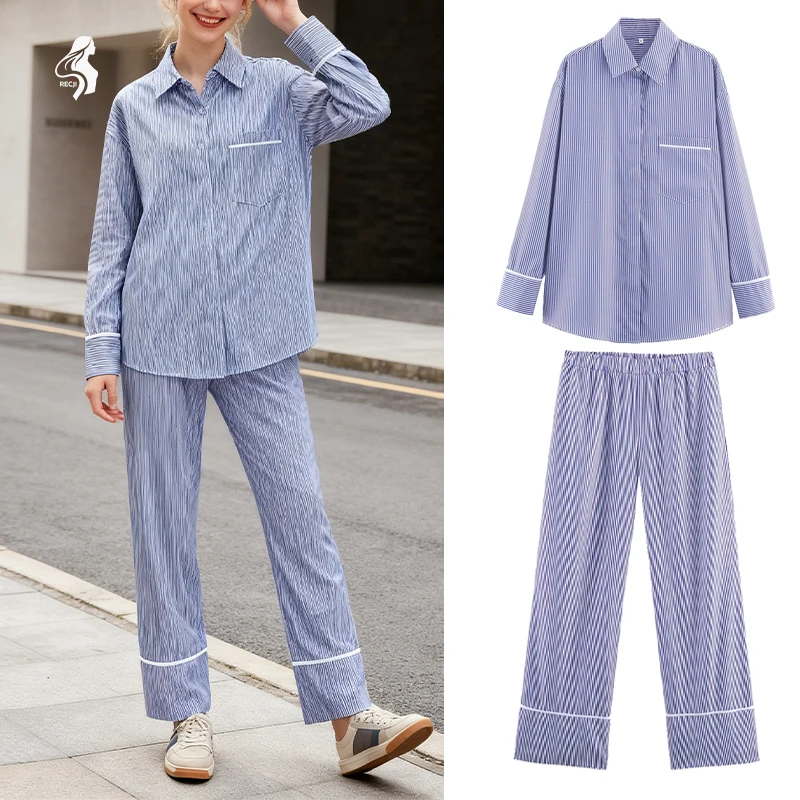 

Fashionable Womens Long Pants Set Color Block Single Breasted Striped Shirt Pajama Style Long Pants Set Casual Daily Wear