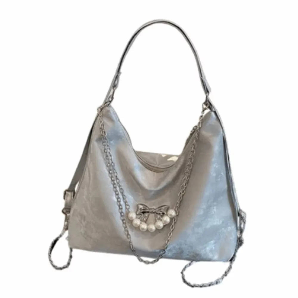 

Trendy Matte Sling Bag Pu Leather Korean Style Casual Tote Bag Solid Color Butterfly Pattern Bow Pearl Shoulder Bag Outdoor