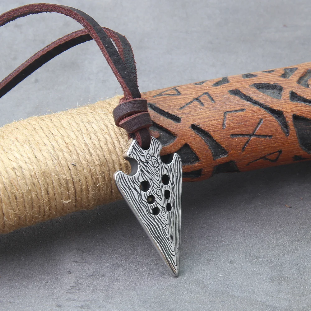 stainless steel Viking Damascus spear Pendant Necklace with really cow leather chain As Men Gift with wooden box as gift