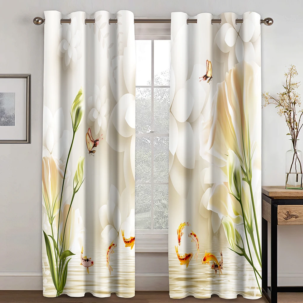 3D Bamboo Flowers Cool Green Curtains Landscape Lake Applicable Living Room Balcony Window Decor 2 Panels