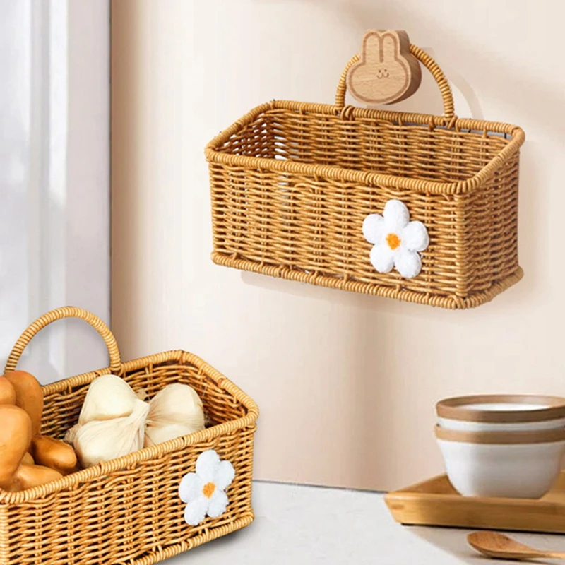 Rattan Storage Basket Wall Hanging Woven Sundries Picnic Basket Home Kitchen Fruit Vegetables Organizer Flower Plant Pot Baskets