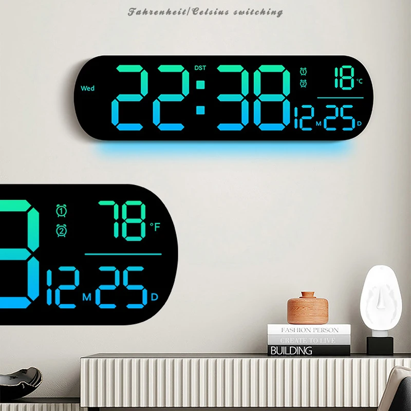 RGB Colorful Large Digital Wall Clock Temperature Date and Week Display Dual Alarm Clock Electronic Watch with Remote Control