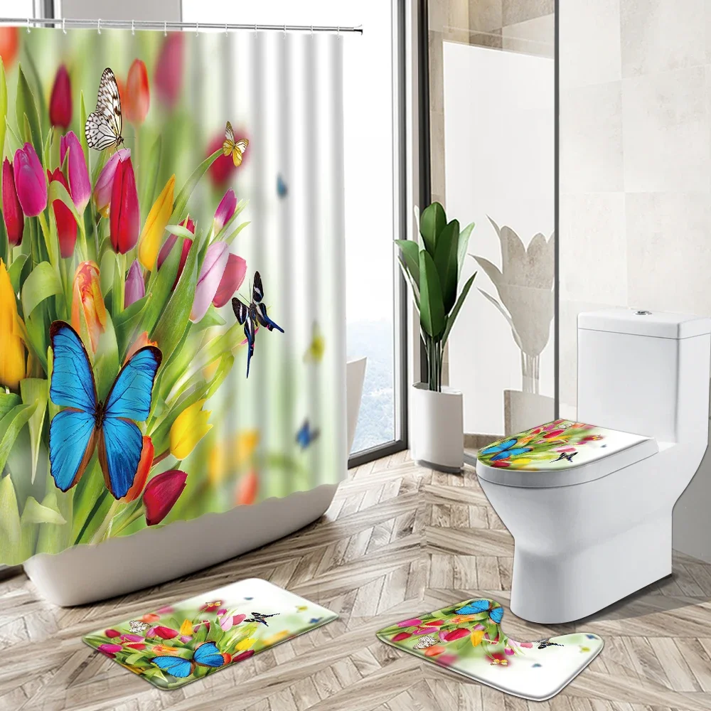 Colorful Tulip Flower Shower Curtain Spring Butterfly Green Plant Pastoral Scenery Non-Slip Rug Toilet Cover Bathroom Deco Set