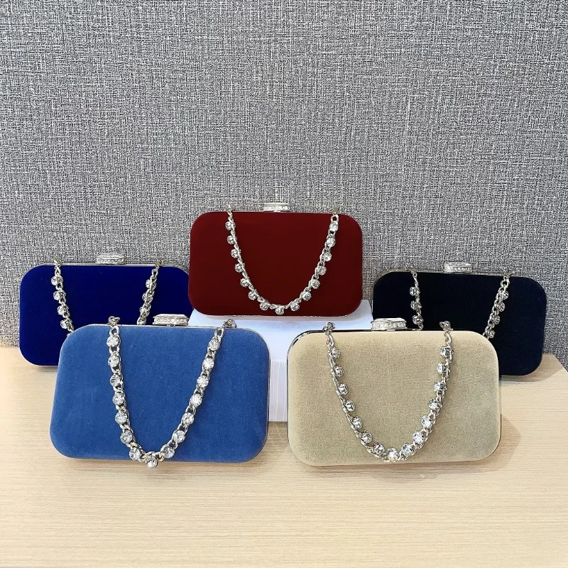 Vintage Evening Purse for Women Elegant Golden Diamond Chain Clutch Bag Ladies Wedding Party Handbag Delicate Velvet Bag