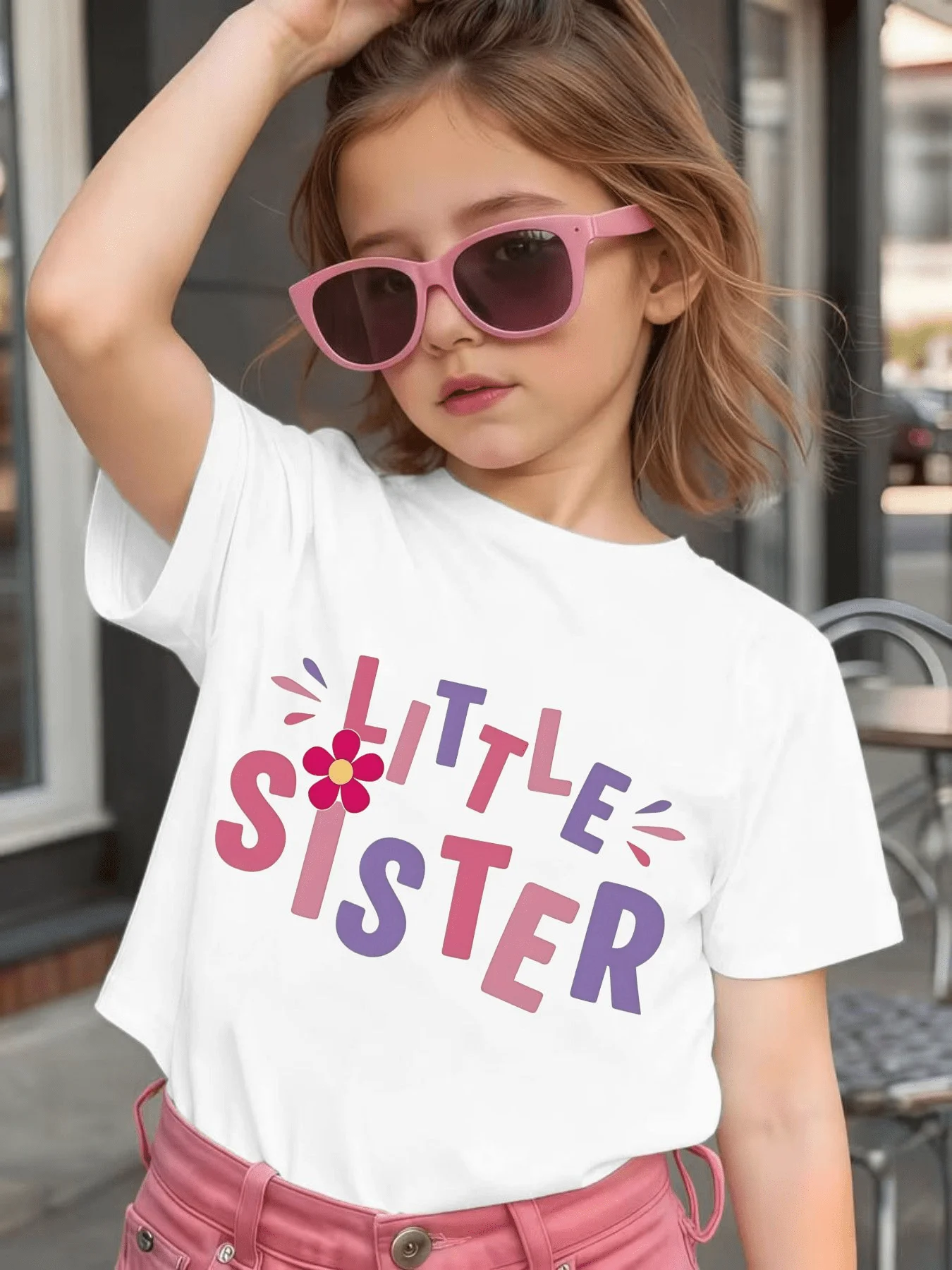 Cute Little Sister Flower Letter Graphic Kids Tee Boys Girls Family Matching Cotton Crew Neck Short Sleeve Soft Summer Tee