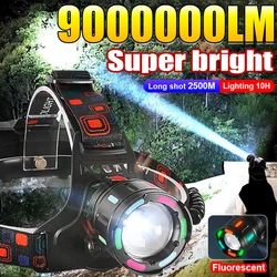 90000LM Powerful LED Headlamp Fluorescence Headlight High Power Rechargeable Head Flashlight Camping Fishing Outdoor Head Lanter