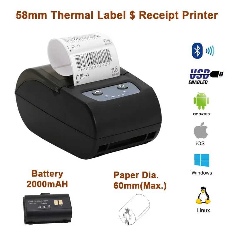 KEFAR portable 58-80mm Bluetooth mobile phone thermal barcode sticker self-adhesive clothing tag label printer