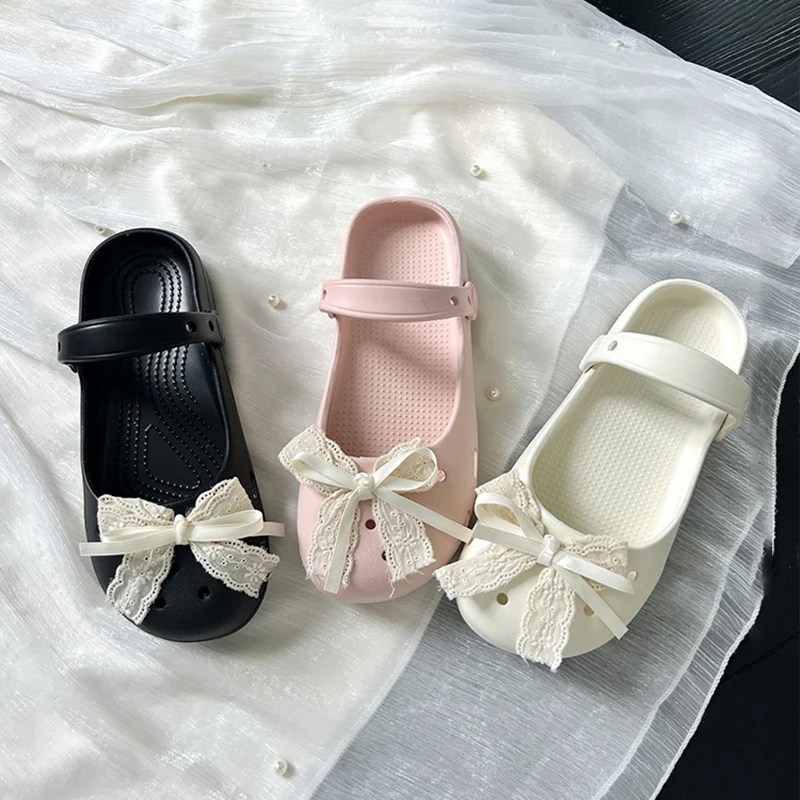Zuecos con lazo de encaje para mujer, sandalias de verano originales de diseñador, zapatos de ballet para niñas, dulces sandalias de interior y exterior antideslizantes, suaves, estilo Mary Jane