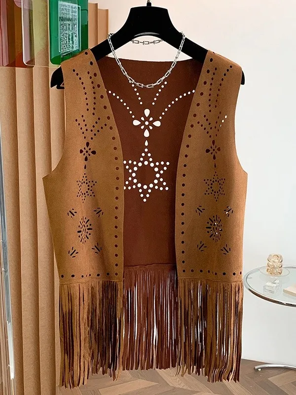 Kardigan bez rękawów z ażurowym wzorem i frędzlami, duży rozmiar, damska odzież wierzchnia na podróże w pustyni, nowa kolekcja jesienna, swobodny krój casual.