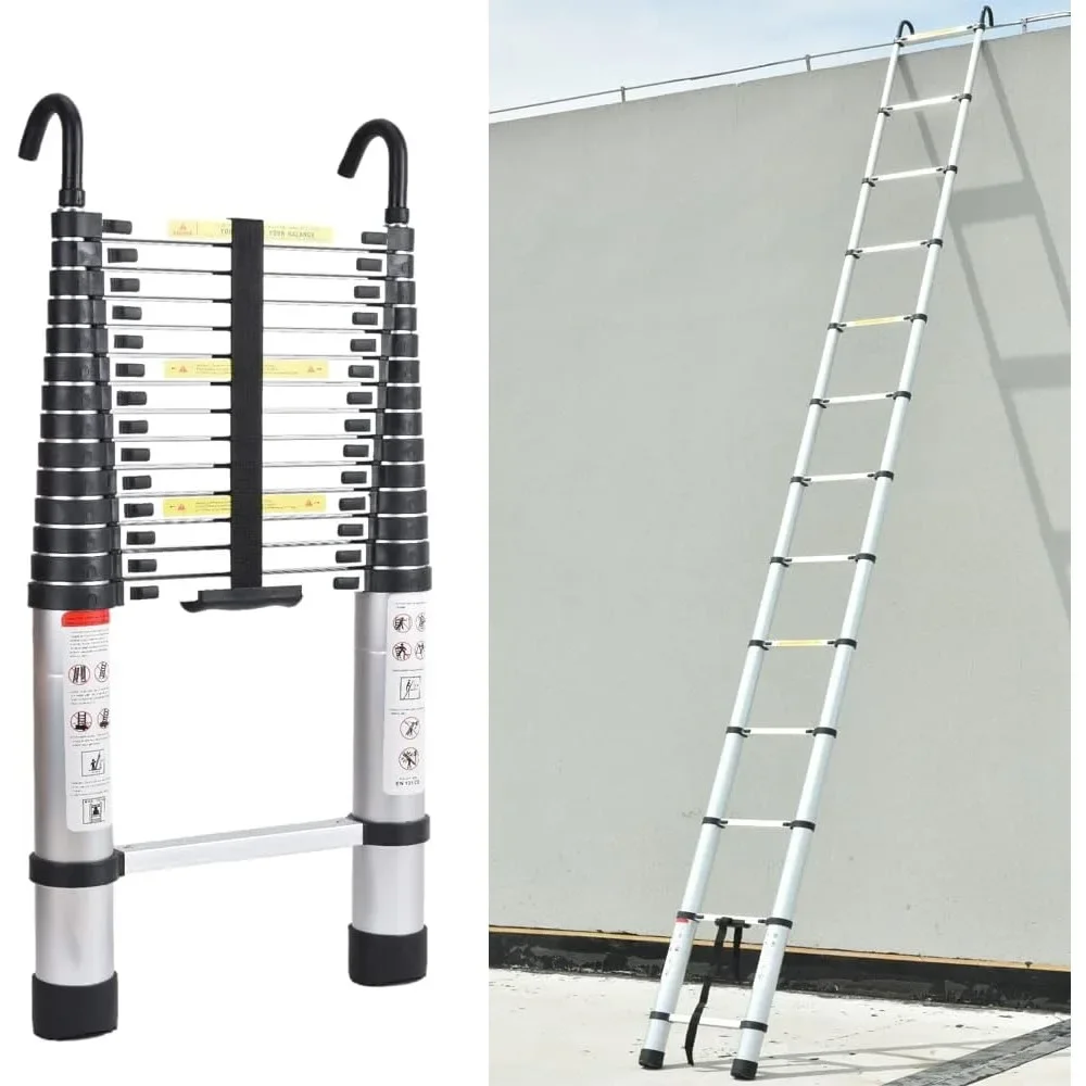 6.2M 20.3ft Aluminum Telescoping Ladder DIY Heavy Duty Extension Ladder with Roof Hook Kit Loft Folding Portable Ladder Max