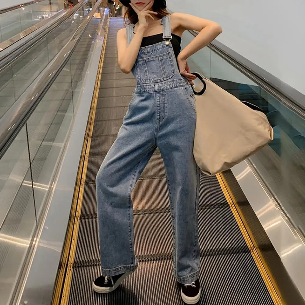 Women Vintage Retro Denim Long Jumpsuit Casual Spaghetti Strap Straight Romper Suspender Pants Summer Baggy Bib Loose Overalls