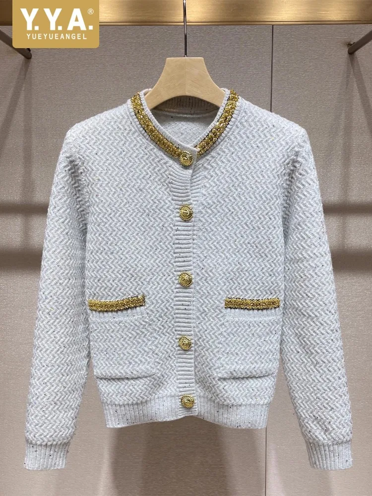 

Women Knitted Sweater Autumn Winter Beading Sequin Cardigan Top O-Neck Long Sleeve Knitwear Single Breasted Outerwear Hot Sale