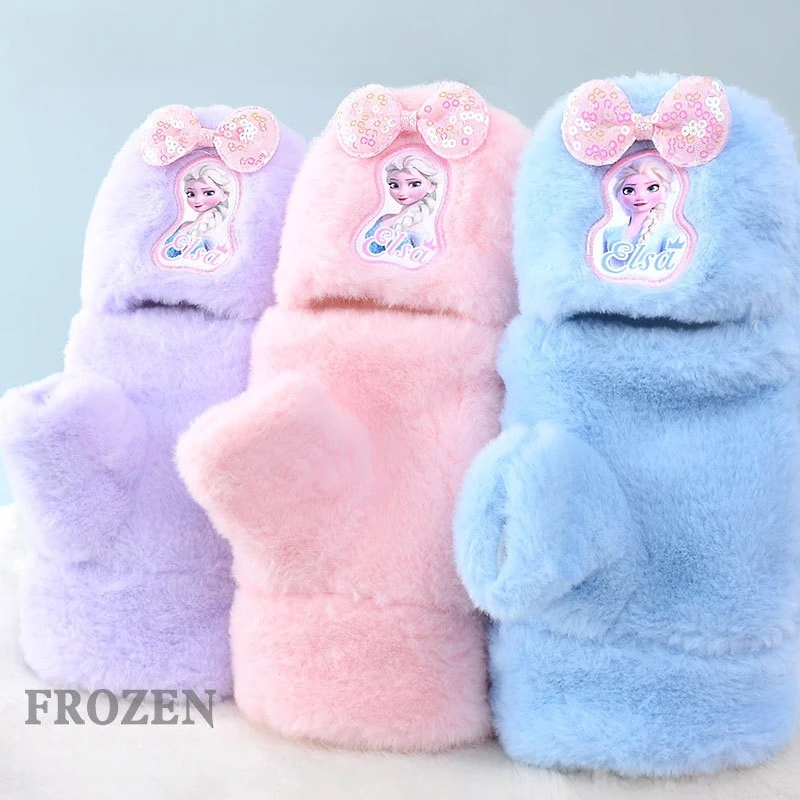 قفازات مينيسو ديزني للأطفال نصف اصبع لفصل الشتاء الدافئ للفتيات إصبع مكشوف الوجه سميكة أكياس قطيفة إصبع الفتيات الصغيرات