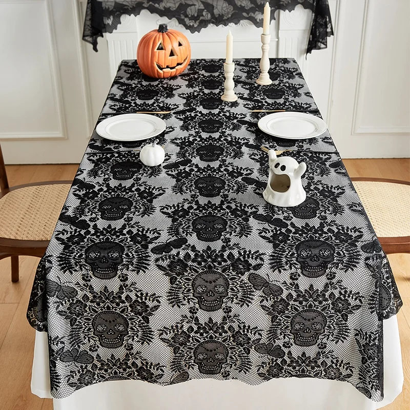 Halloween Black Lace Table Cover - Elegant Machine-Made Lace Tablecloth with Spooky Skull Design for Halloween Decorations