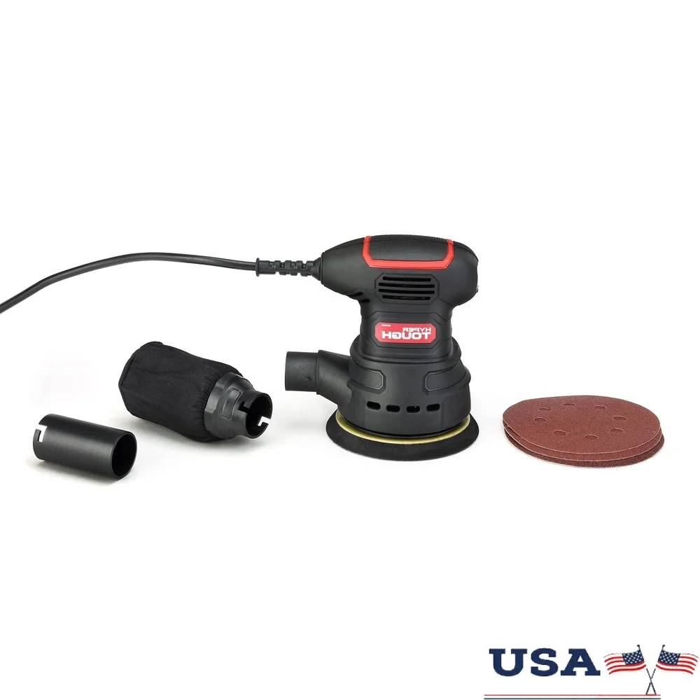 

5-дюймовая орбитальная шлифовальная машина с кабелем для пылесборника, адаптер для вакуумного шланга, 3 шлифовальные листы, удобная ручка, эффективный сбор пыли