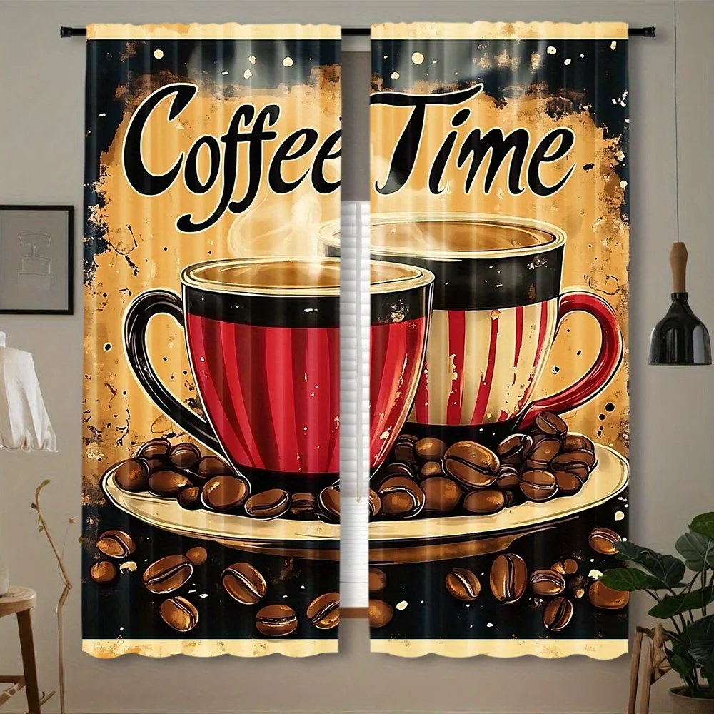 Vintage Coffee Time Curtain Drapes Gold Rustic Cafe Style Window Curtains for Home Living Room Decor Gift for Caffeine Lover