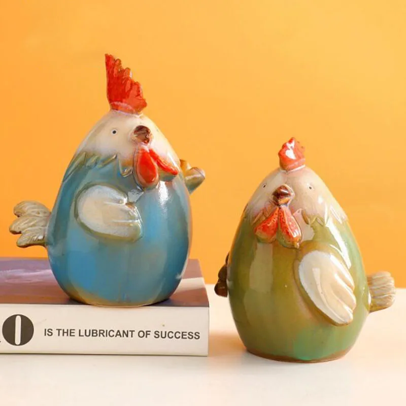 Ceramic Kiln Glazed Rooster Hen Figurines Miniatures Crafts Art Desktop Ornaments Saving Pot Home Decor
