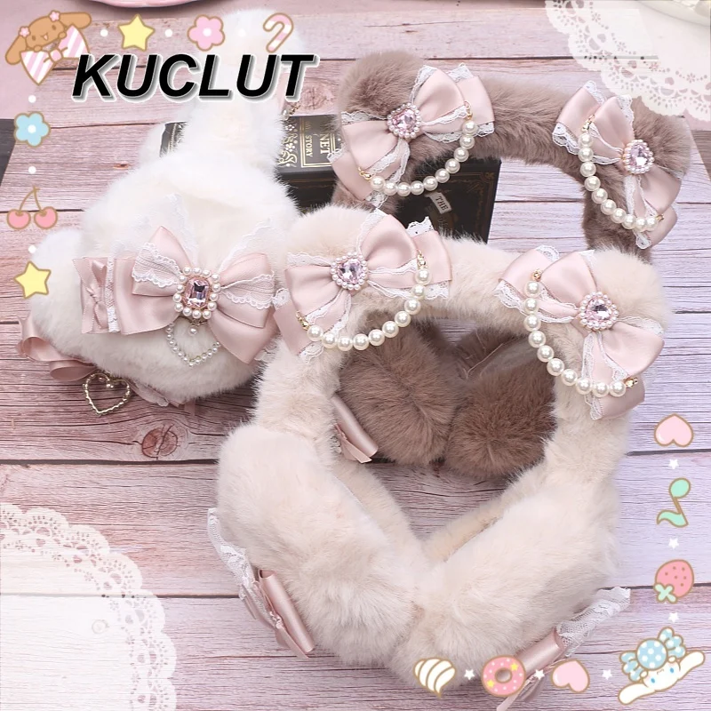 الأصلي لطيف المستوردة مقوس دانتيل آذان دافئة مطرز أفخم الأذن يفشل موضة لوليتا النمط الياباني الشتاء غطاء للأذنين للنساء