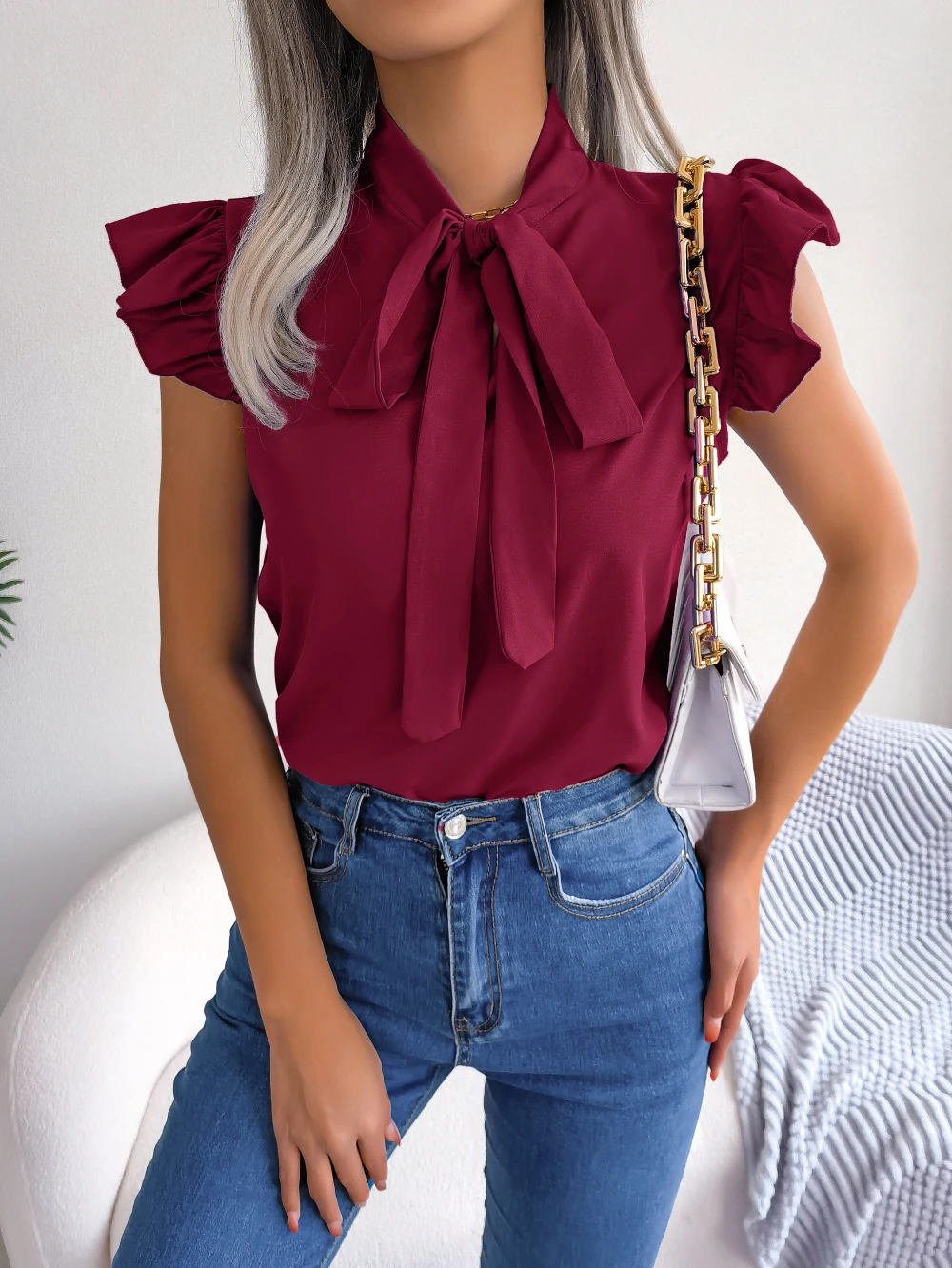 Women Summer Casual Bow Ruffle Short Sleeve Chiffon Blouse