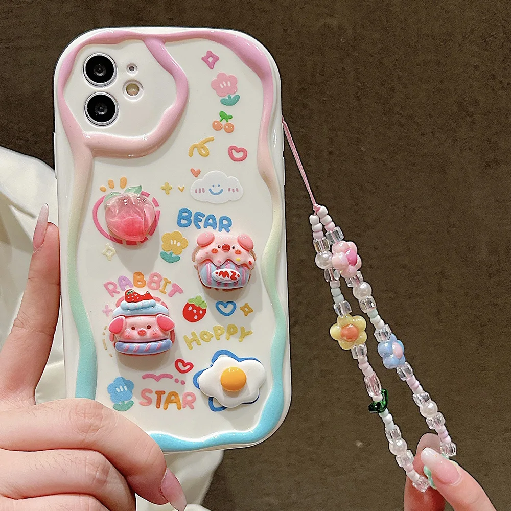 3D Cute Pig Hang Wrist Chain Cases For iPhone 16 Pro Max 15 14 13 12 11 Pro 16 15 14 7 8 Plus XR XS XS Max 7 8 SE Soft Bumper