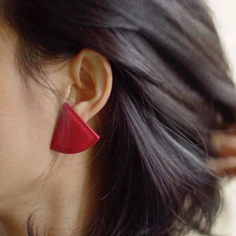 Red yellow leather triangle clip on earrings for women non piercing simple geometric jewelry dopamine jewelry