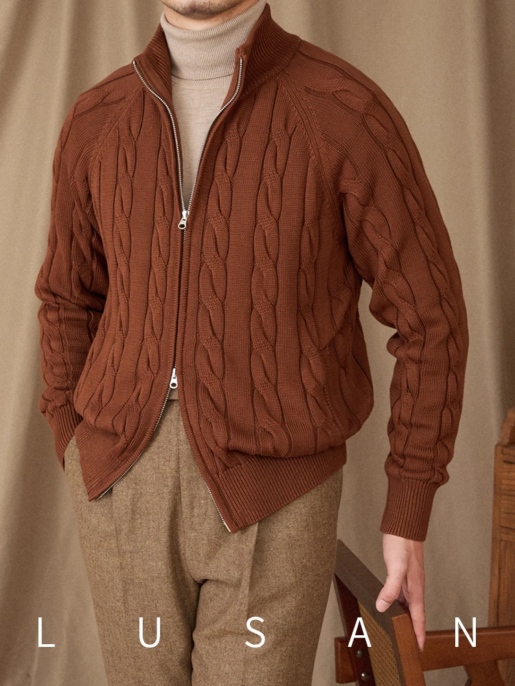 High-End Cotton Woven British Thickened Heavy Weight Twisted Double Open Zipper Cardigan Stand Collar Sweater Coat for Men