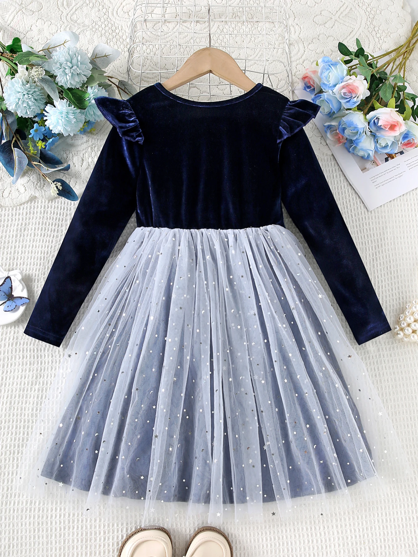 Toddler Tutu Dresses Little Girls Velvet Tulle Fall Winter Long Sleeve Ruffle Holiday Party Dress