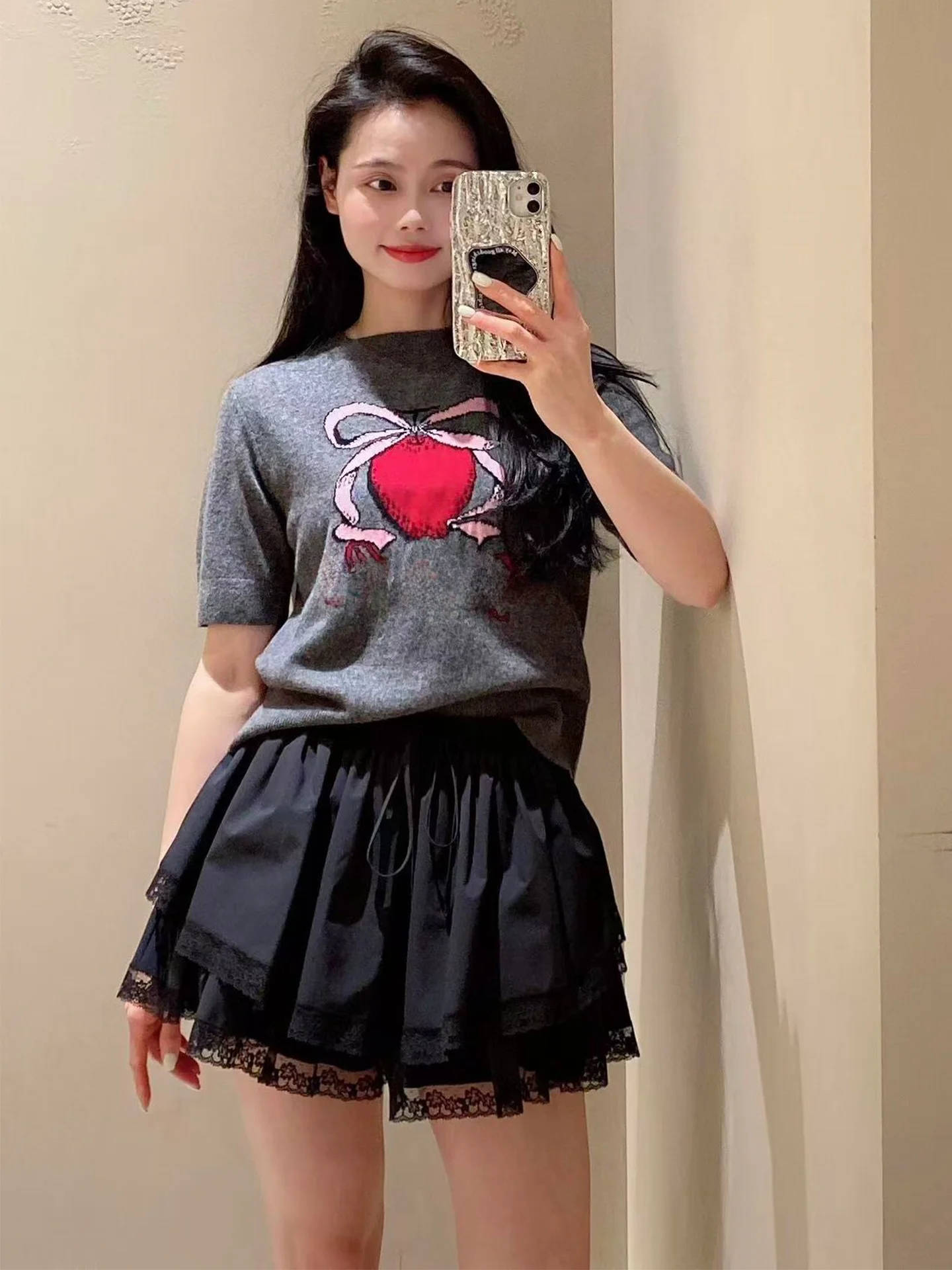 

Шерстяной вязаный свитер с вышивкой красного цвета и узлом, круглый вырез, пуловер для женщин, повседневный...