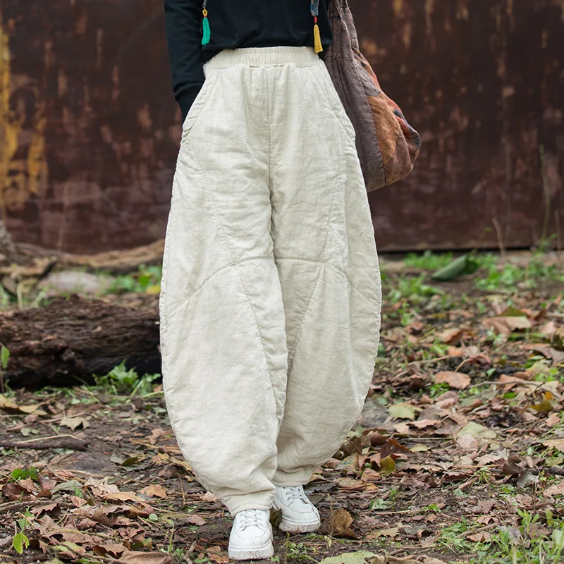 Retro Cotton Linen Lantern Pants Winter Warm Thick Cotton-padded Trousers Women Harajuku Black Pants Clothes Original Design New