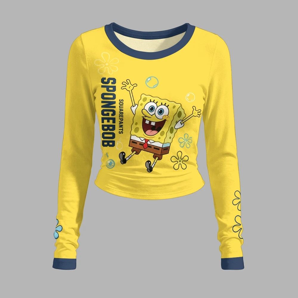 2027 New SpongeBob SquarePants Pineapple House Cartoon Two Piece Yellow Long Sleeve Top Loose Wide Leg Pants Y2K Spicy Girl Set