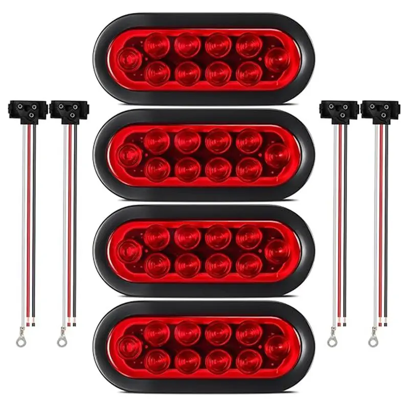 4-piece-trailer-truck-led-sealed-red-6-inch-oval-stop-turn-tail-light-flush-mount-waterproof-includes-3-pin-waterproof