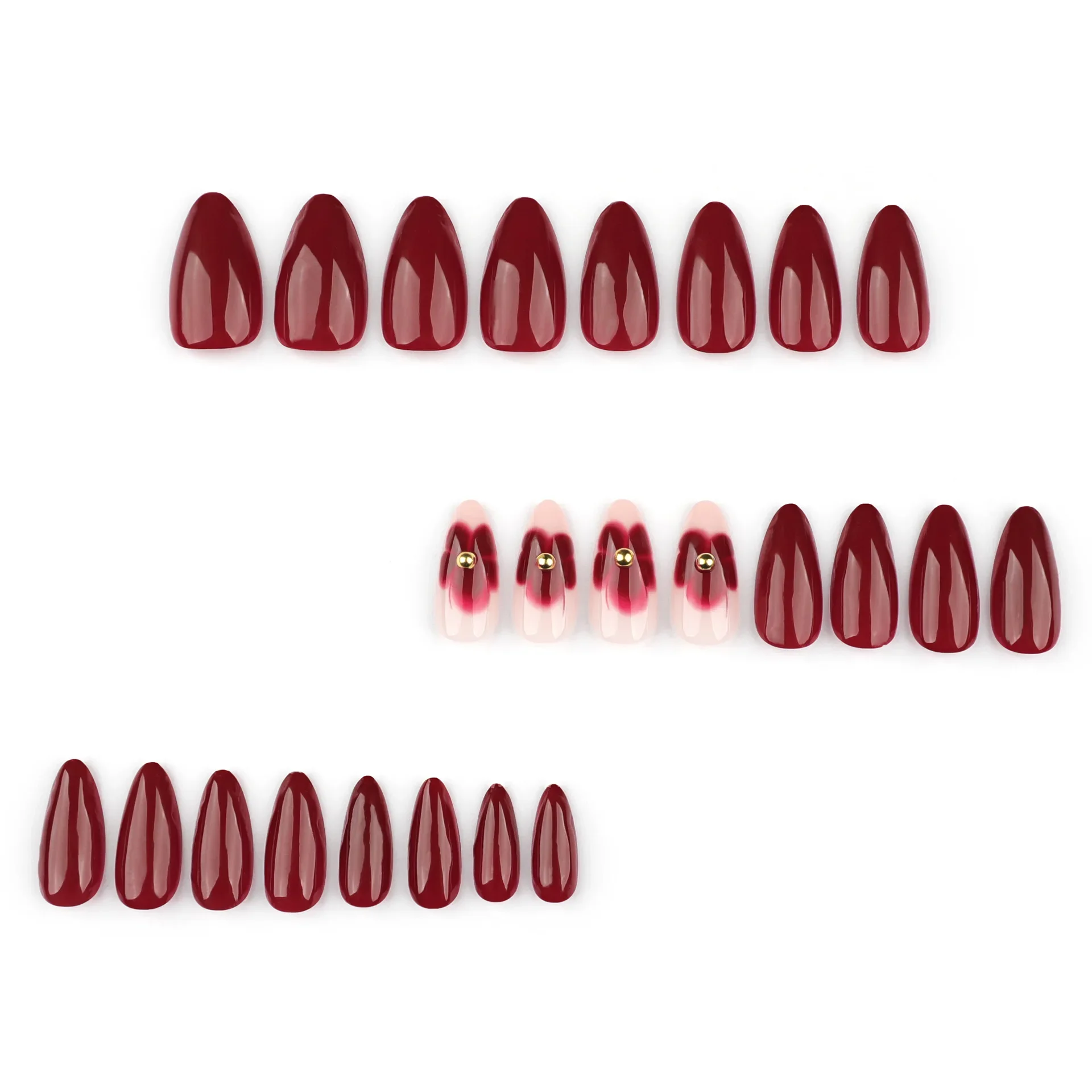 24 peças conjunto de unhas femininas em forma de amêndoa médio longo cor sólida flor ouro em pó design para unhas femininas/meninas