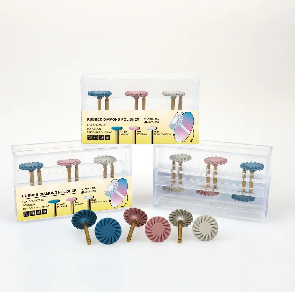 XYSZ 6Pcs Dental Rubber Polisher Composite Resin Diamond System RA Polishing Disc Wheel Kit 14mm Spiral Flex Golden Handle Tool