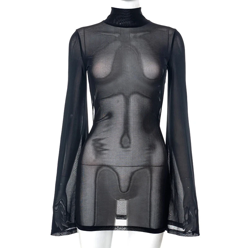 OMSJ-Mini robe moulante en maille évidée pour femme, dos ouvert, manches évasées, tambour noir sexy, tenues de soirée en boîte de nuit, transparent