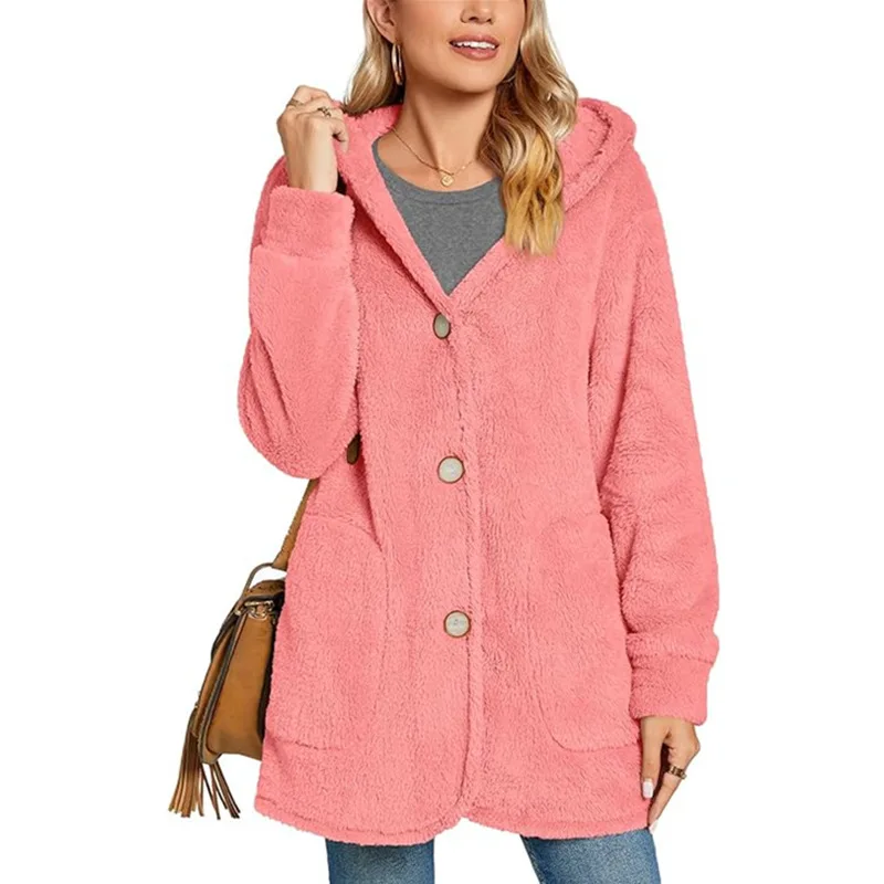 Women's Plush Hooded Button Pocket Cardigan Casual Jacket Women's Clothing