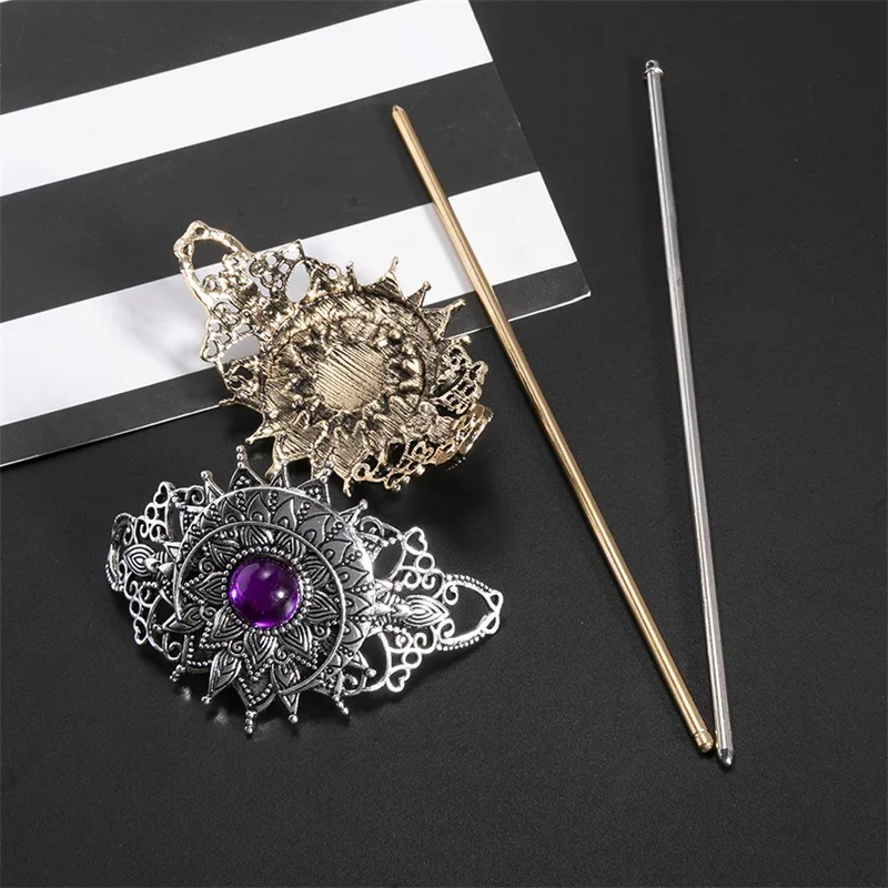 Exquisite Heavy Industry Gothic Retro Viking Flower Purple Imitation Gemstone Hairpin Fashion Multi functional Hair Accessories - view 2