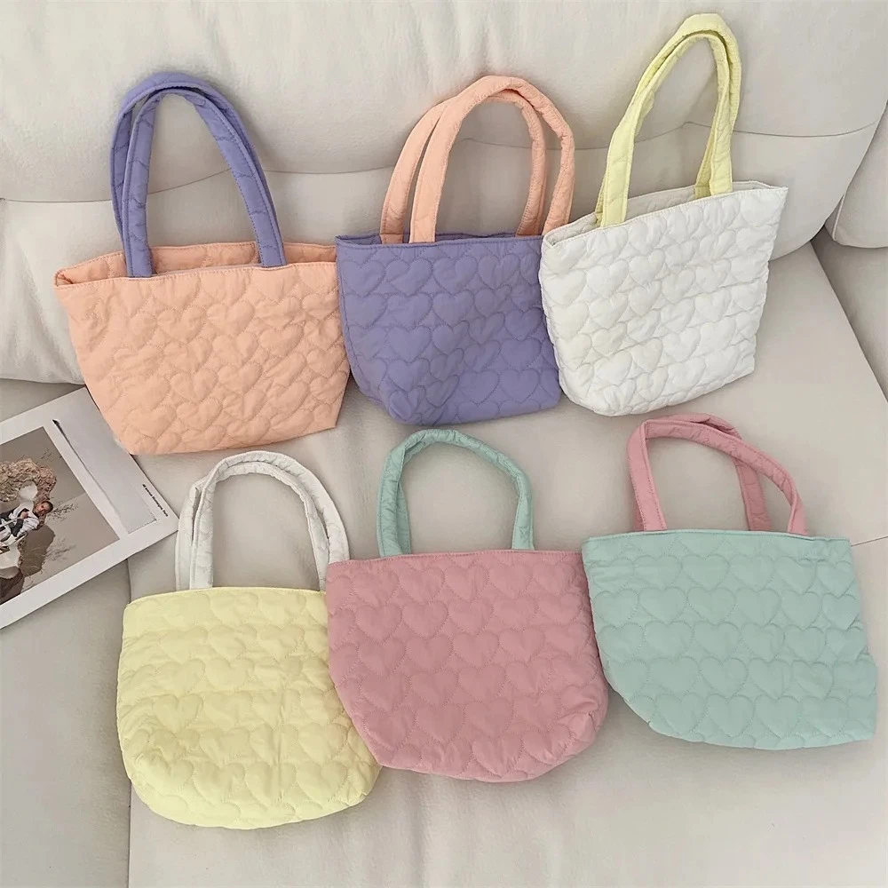 Cute Quilted Love Women's Shoulder Bags College Girls Book Tote Travel Purse Handbags Female Bento Bag Storage Shopping Bag