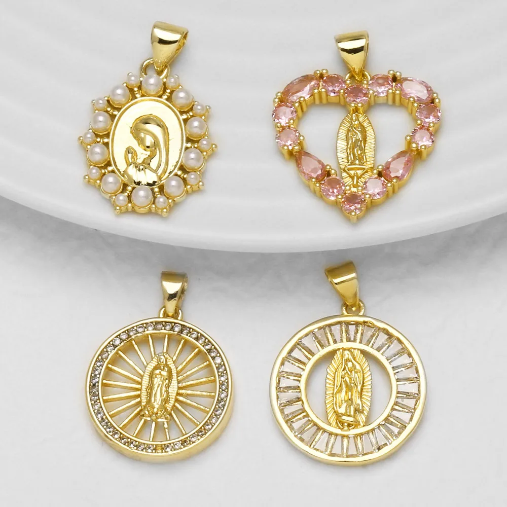OCESRIO Virgin Mary Gold Plated Copper Crystal Guadalupe Heart Pendant for Necklace Jewelry Making Accessories DIY pdtc013