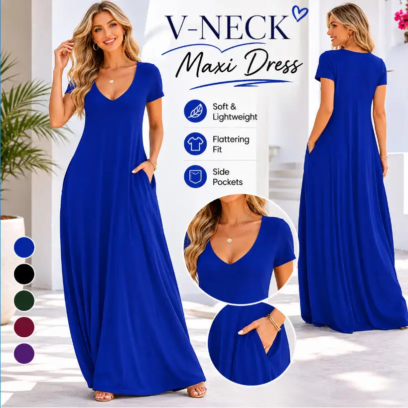 

Women's Summer Maxi Dress Short Sleeve V-Neck High Waist Long Dress with Pockets Casual Plus Size Solid Color Loose Floor Length