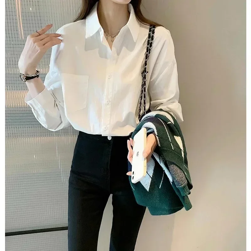 Korean Simple Shirts White Blouse Ladies\' 2024 Autumn\'s New Long-sleeved Casual Office Lady Shirt Loose Women Clothes Top