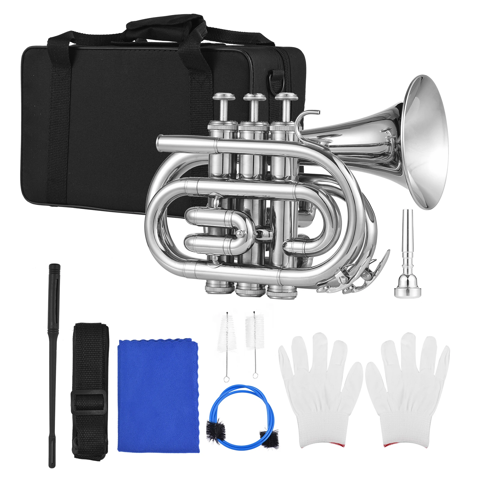 

Bb Trumpet Mini Pocket Trumpet with Mouthpiece Carry Bag Gloves Cleaning Cloth Brass Instrument for beginners