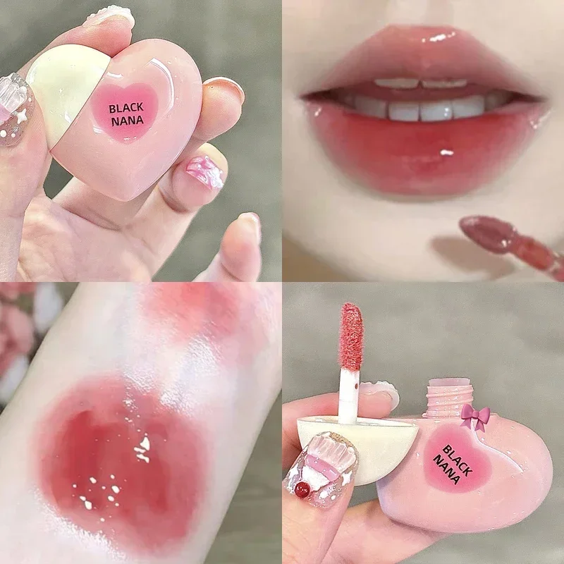 Cute Heart-shaped Mirror Lip Gloss Tinted Moisturizing Pudding Lip Oil Strawberry Red Water Glass Lipstick Girl's Cosmetics