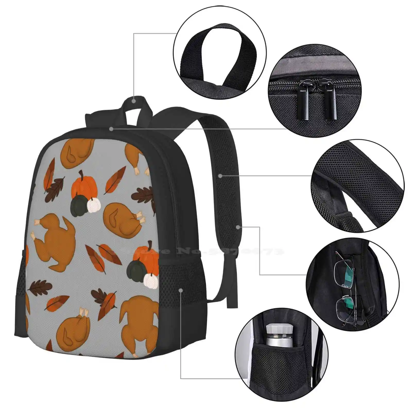 Thanksgiving Pattern com fundo cinza, Turquia Feather Leaf Design Bagpack, mochilas escolares, Solgalaxy Design